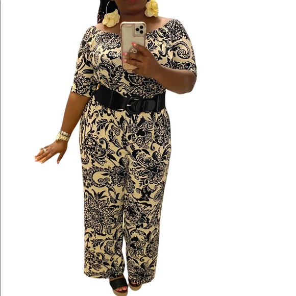 Brand New! Tacera Cream/Black Floral Stretchy Jumpsuit with Elastic Waist Sz PS - Picture 2 of 12